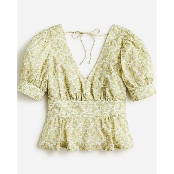 NWT J.Crew Puff-sleeve V-neck Paisley Green Womens Sz 8 Re-Imagined Collection - Picture 1 of 16